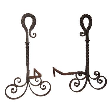 Antique Turned Wrought Iron Pair of Andirons