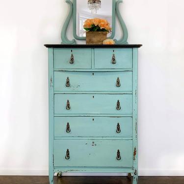 Blue Dresser with Mirror | Aqua Dresser | Light Blue Chest of Drawers | Milk Paint Chippy Dresser | Shabby Chic Dresser | Coastal Bedroom 