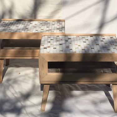 Pair of wooden and ceramic tile side tables - Pickup Only and Delivery to Selected Cities 