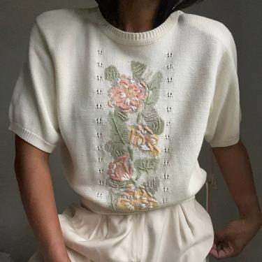 vintage embroidered soft pastel fleurs cottage core favorite summer sweater tee 