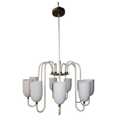 1950s Artful Vintage French Mid-Century Modern Matte White 9-Arm Curvilinear Chandelier With Chic Simple Shades 