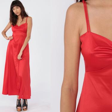 Red PARTY Dress Deep V Neck 70s Maxi Gown Grecian Dress Drape Formal Strappy Spaghetti Strap 1970s Vintage Prom Empire Waist Small 