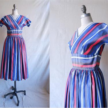 Vintage 50s Striped Iridescent Taffeta Gown/ 1950s Red White Blue Mid Length Dress/ New Look/ Size Small 