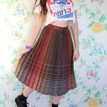 1970s Vintage Wool Pleated Button Down Skirt in Natural Toned Rainbow Striped Pattern by Y-Lee Sportswear Co Inc Designed by Jason, Size XS 