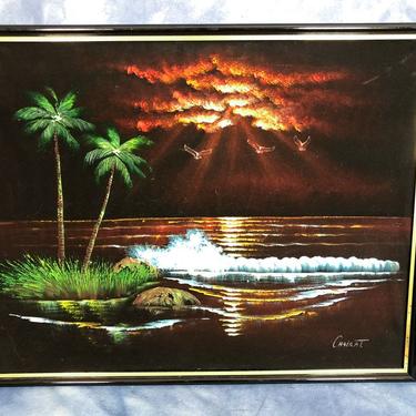 Vintage 27&quot; Tropical Tiki Island Oil on Velvet Painting, Sunset Palm Trees, Waves, Kitsch 