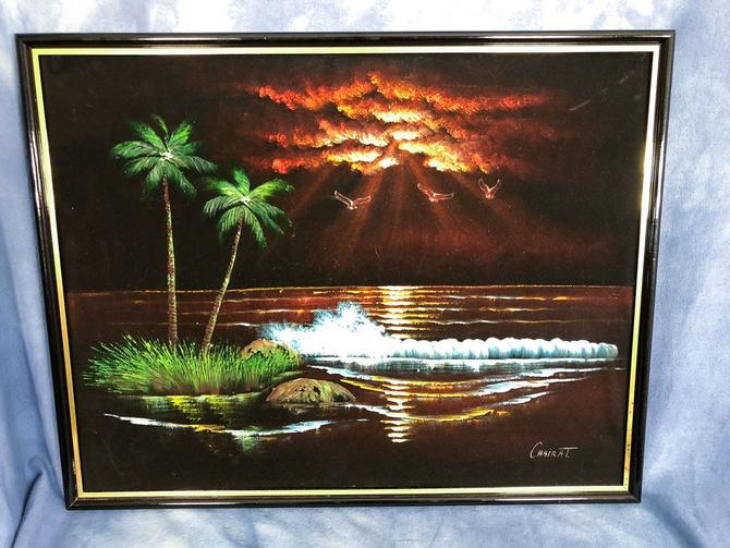 Vintage 27&amp;quot; Tropical Tiki Island Oil on Velvet Painting, Sunset Palm Trees, Waves, Kitsch 