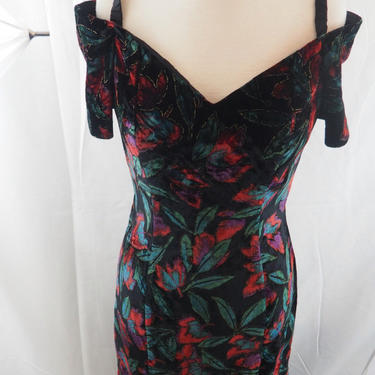 90s Vintage Wiggle Dress/Off Sholder Textured Floral Dress/Velour Party Dress/Cocktail Dress/Evening Dress 
