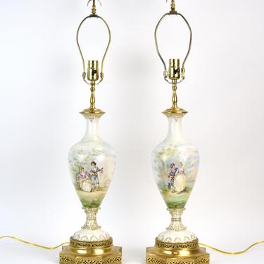 Pair Fine Hand Painted Porcelain Vases Lamps Watteau Style Scenes of Lovers Serenading 