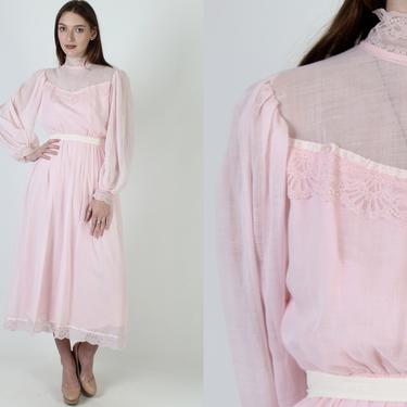 Solid Pink Womens Prairie Maxi Dress / Plain Color Country Dress / Simple Floral Lace Bridesmaids Party Midi Dress 