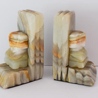 Pair of Vintage Marble Bookends. Hand Carved Aztec Mayan Bookends. Vintage Natural Stone Decor. 