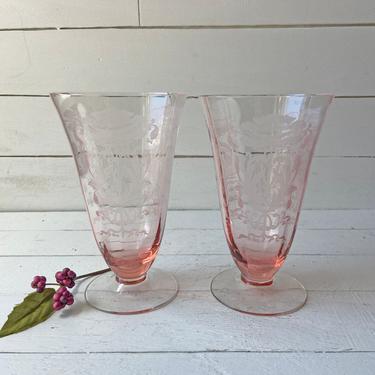 Vintage Pink Depression Glass With Etched Flowers With Tumblers, Set of 2 | Pink Glass Goblets, Art Deco Pink Barware, Pink Midcentury Glass 
