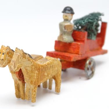 Antique German Erzgebirge Wagon with Driver, Horses, Chirstmas tree,  Vintage Christmas Toy 