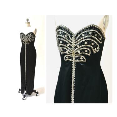 90s 00s Black Strapless Dress Evening Gown Silk XS Small Rhinestone and Beaded black Strapless Gown By Pave Beauty Pageant dress 