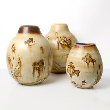Gertrud Lonegren designed Scandinavian Modern ceramic vases with fish