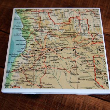 1963 Angola Vintage Map Coaster - Ceramic Tile - Repurposed 1960s Reader&#39;s Digest Atlas - Handmade - Sub-Saharan Africa - Luanda by allmappedout