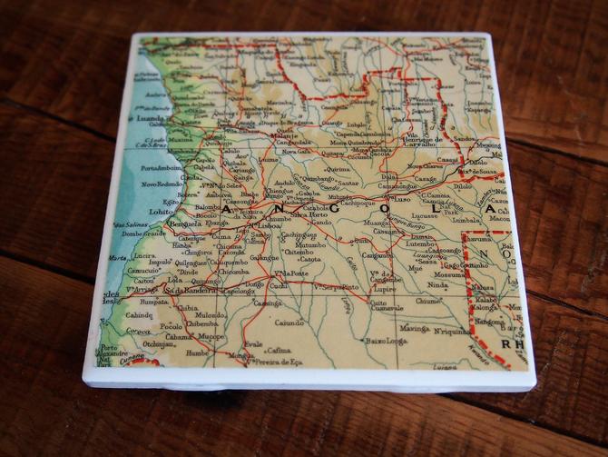 1963 Angola Vintage Map Coaster - Ceramic Tile - Repurposed 1960s Reader's Digest Atlas - Handmade - Sub-Saharan Africa - Luanda 