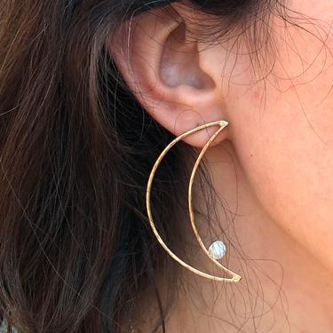 Gold Moon add Opal Studs Handmade oversized moon earrings 