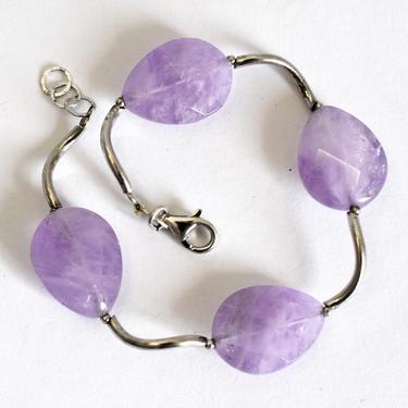 Big 90's sterling chunky amethyst teardrops edgy bracelet, funky 925 silver waved bars &amp; beads cloudy purple stones statement 