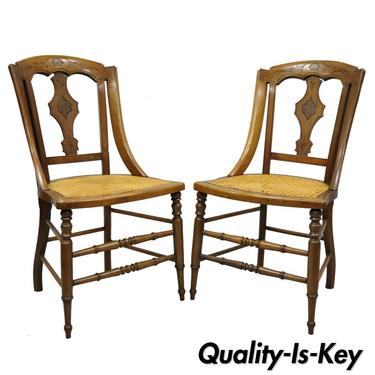 Pair of 19th C. Antique Eastlake Victorian Carved Walnut Cane Dining Side Chair