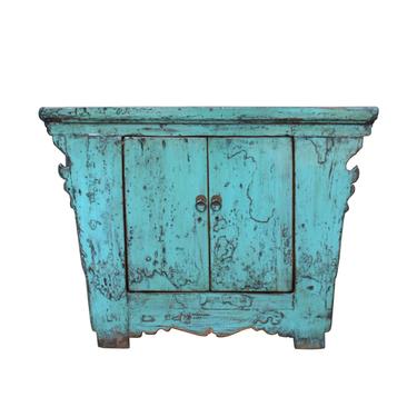 Chinese Rustic Rough Wood Distressed Aqua Blue Side Table Cabinet cs5343S