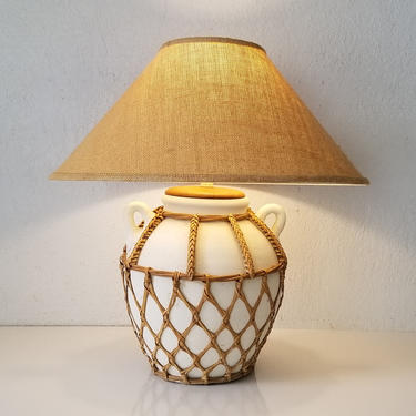 Vintage Coastal Decor Handmade Pottery and Rattan Table Lamp. by MIAMIVINTAGEDECOR