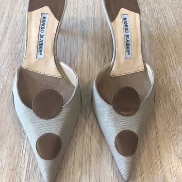 Vintage Manolo Blahnik Brown Fabric And Leather Dots Mules 