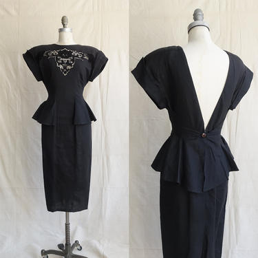 Vintage 80s Backless Vampy Dress/ 1980s Strong Shoulder Lace Inset Peplum Dress/ Femme Fatale/ Size Small 