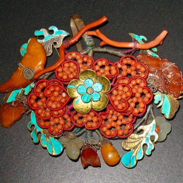 Qing Dynasty Kingfisher Feather Coral Amber Jade Hairpin, Manchu Headdress Ornament, Antique Chinese 19th Century 
