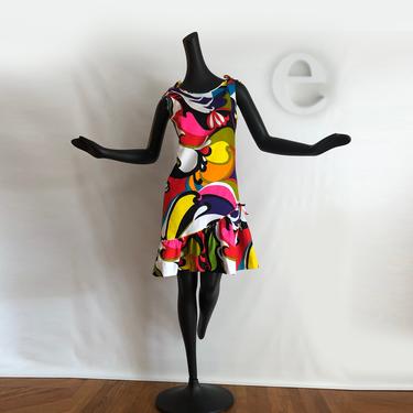 Large MOD Mini Dress • 1960s Psychedelic Space Age Atomic Swirl Print • Hippie Twiggy Carnaby Street Style • Asymmetric Ruffle Hem • Tiki O 