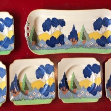 Royal Doulton Arcady Pattern Cypress Trees Tray and Plates Pottery Arts and CraftsStyle