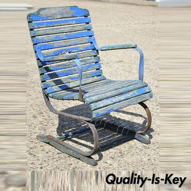Antique Distressed Blue Paint Wood Slat Wrought Iron Patio Garden Bouncer Chair