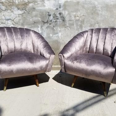Vintage 1950s Newly Upholstered "Violet Mist" Metallic Silk Velvet Channel Back Swivel Designer Club Chairs