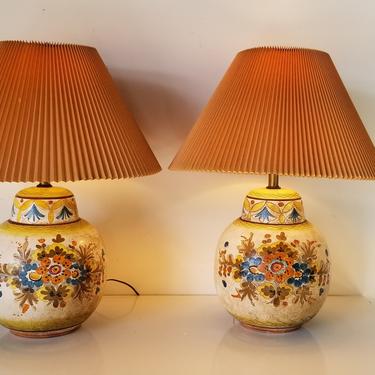 Vintage 1980s Italian Hand Etched Painted Folk Art Terracotta Table Lamps - a Pair 