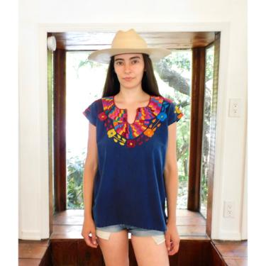 Mexican Blouse // vintage cotton boho hippie Mexican hand embroidered dress hippy blue tunic mini dress beach cover // O/S 