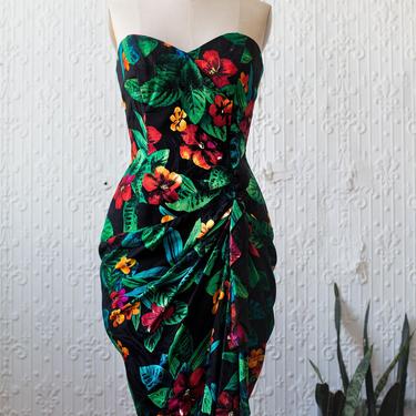 Tropical Silk Strapless Wiggle Dress 