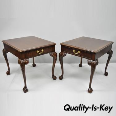 Drexel Heritage Chippendale Ball and Claw Mahogany Chairside End Tables Pair