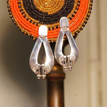 Vintage Bali Style Sterling Silver Pierced Dangle Earrings, Puffed Teardrop Earrings, Wire Wrap Designs, 925 Boho Accessories, 1 7/8” L 