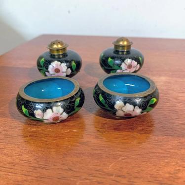 Vintage Cloisonne Salt and Pepper Shaker Set with Dips Hand Painted 