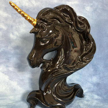 BIG 12&amp;quot; Vintage Black Ceramic Unicorn Bust Statue Figurine, Golden Horn, Kitschy Gilt 