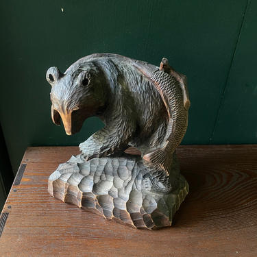 1950s Cabinmodern Carved Japanese Bear with Fish Vintage Mid-Century Craftsman Signed Hand 