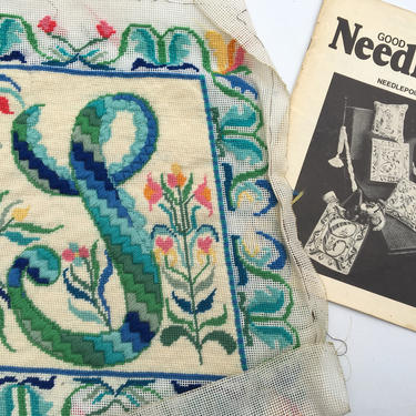 70's Monogram Inital S Needlepoint, Initial S, Names That Start With S, Nearly Complete With Directions And Yarn, For Pillow Or Frmaed Art 