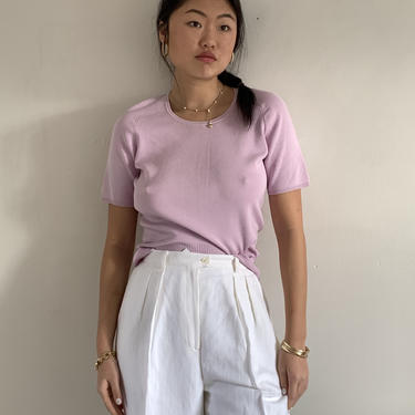 90s silk sweater tee / vintage lilac petal pink silk ribbed knit short sleeve cropped sweater tee | S 