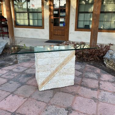 Vintage Tessellated Stone Console or Hall Table with Diagonal Peach Marble Inlay & Beveled Glass Top 