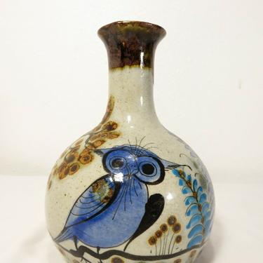 VINTAGE Signed TONALA ART POTTERY VASE Mid Century RETRO OWL Mexico Ceramic
