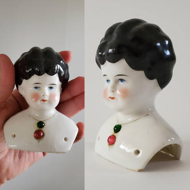 Antique Rare Low Brow China Doll Head with Painted Black Curls 3.5 Inches Tall - Antique German Dolls - Collectible Dolls - Doll Parts 