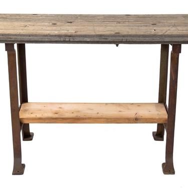 repurposed vintage american industrial salvaged chicago factory machine shop workbench with undershelf and solid oak wood boxcar floor table top  