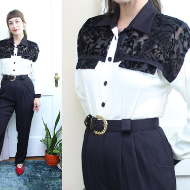 Vintage 90's Black and White Jumpsuit / 1990's Black Mesh Jumpsuit / Rayon / Belt / Women's Size Small Petite by Ru