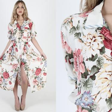 Vintage 80s Garden Floral Dress With Pockets Ivory Button Front Full Skirt Dress Big Rose Print Collared High Slit Sexy Midi Maxi Dress 