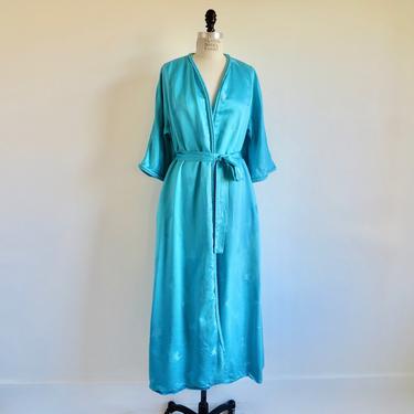 Vintage 1960's Turquoise Blue Silk Blend Robe Dressing Gown Peignoir Loungewear Odette Barsa Size Medium Large 