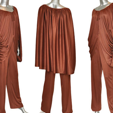 70’s Draped Cape Pants Set Rust Brown Vintage Leisure Wear Suit 